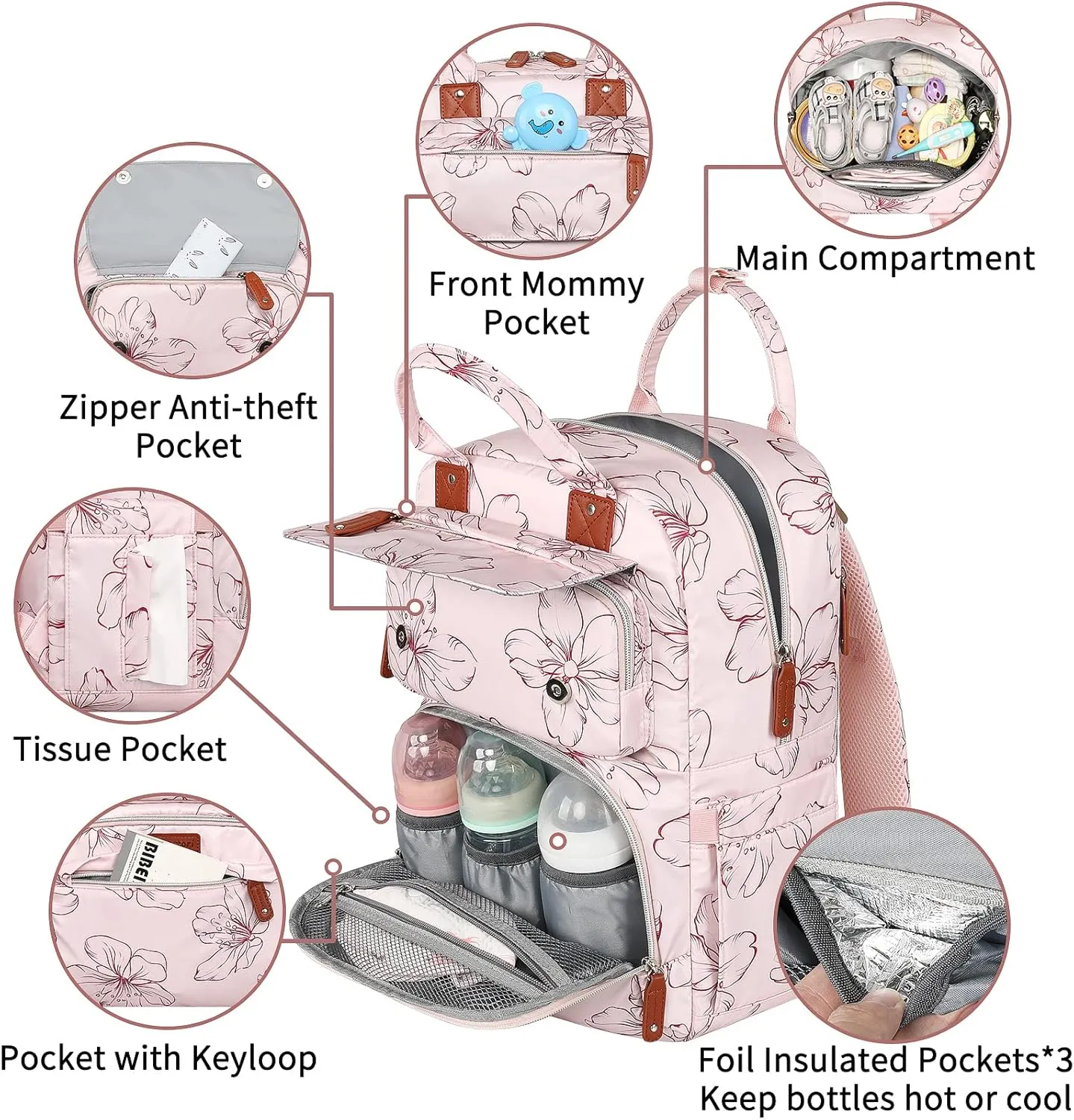 Diaper Bag Backpack, Baby Girl Diaper Bag for Mom, Large Pink Floral Diaper Bag Backpack for Girls, Waterproof Mom Backpack for Work Travel Holiday with Insulated Pockets and Stroller Straps