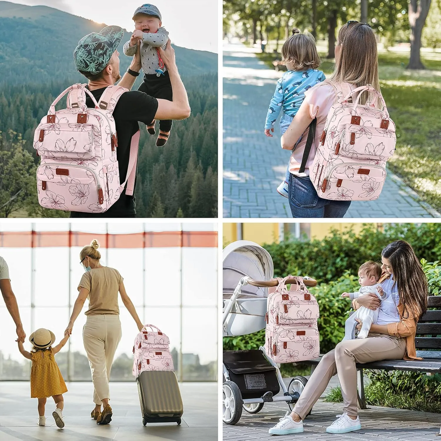 Diaper Bag Backpack, Baby Girl Diaper Bag for Mom, Large Pink Floral Diaper Bag Backpack for Girls, Waterproof Mom Backpack for Work Travel Holiday with Insulated Pockets and Stroller Straps