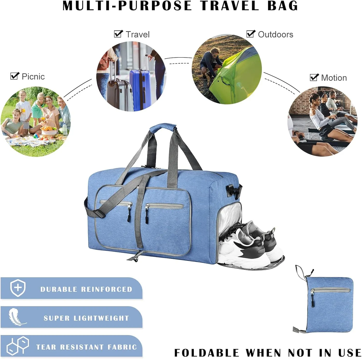 Dimayar 115L Travel Duffle Bag for Men Women - Foldable Duffel Bag with Shoes Compartment - Overnight Bags Waterproof & Tear Resistant(Blue)