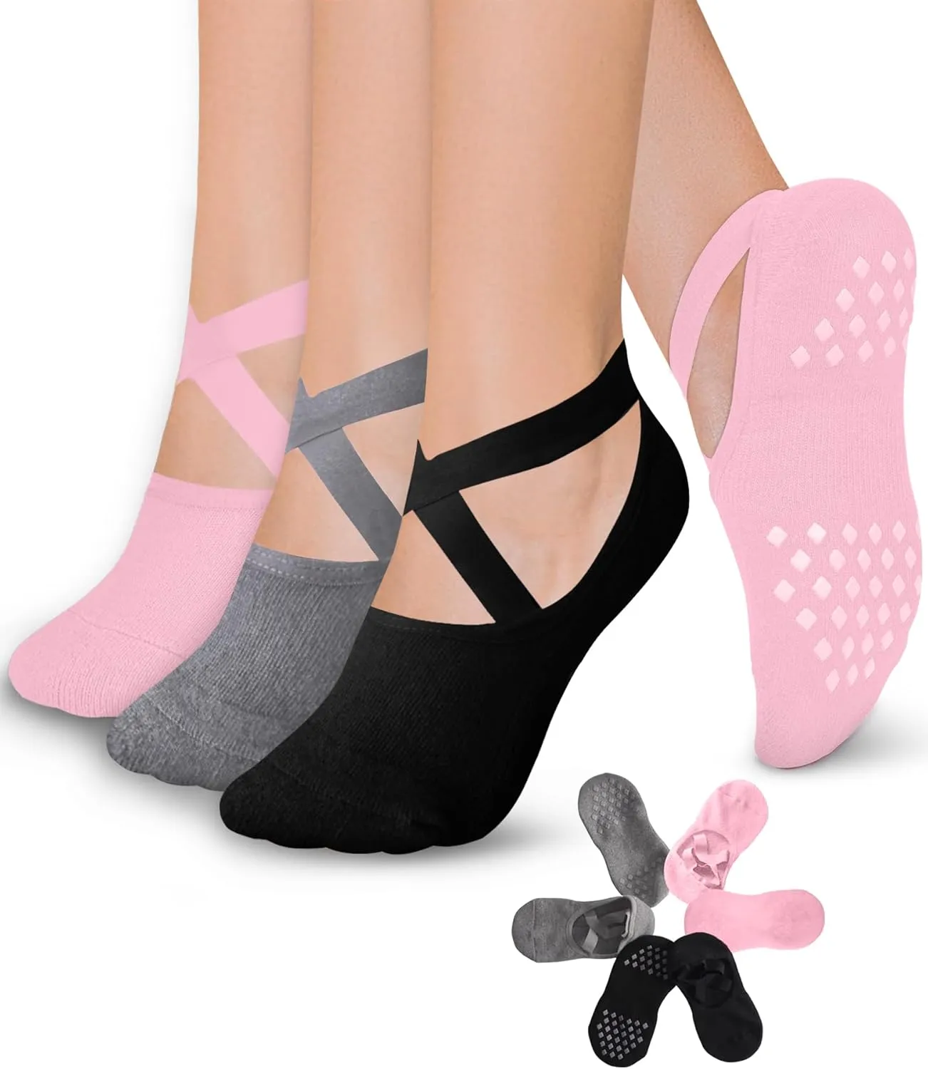 Diu Life 3 Pack Pilates Socks Yoga Socks with Grips for Women Non Slip, Workout, Pure Barre, Ballet, Dance, Hospital Socks