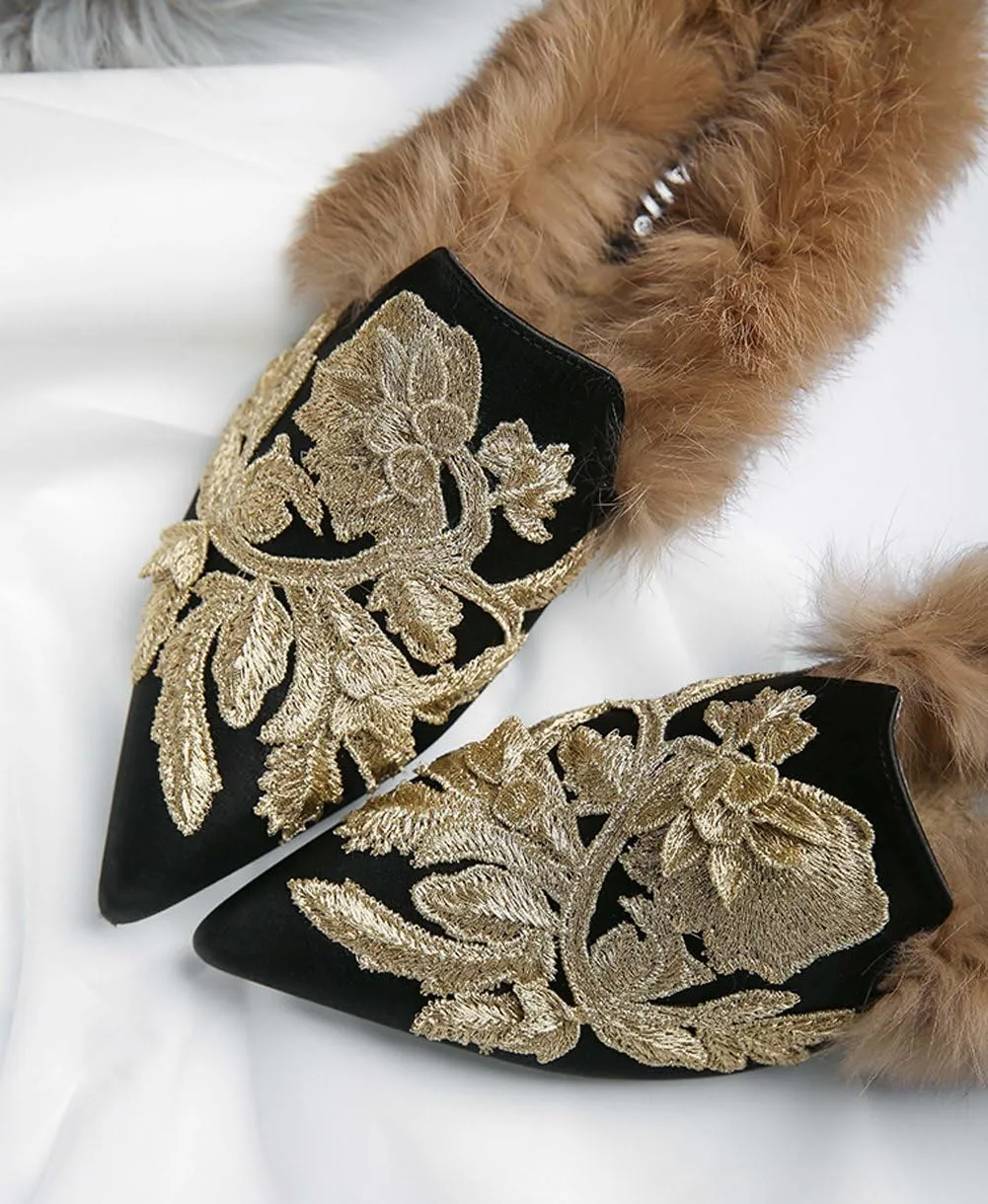Divanne Slip On Loafers, Womens Embroidery Mule Shoes with Plush Lamb Fur Velvet Backless Pointed Toe Mule Slide