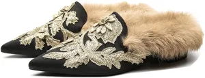 Divanne Slip On Loafers, Womens Embroidery Mule Shoes with Plush Lamb Fur Velvet Backless Pointed Toe Mule Slide