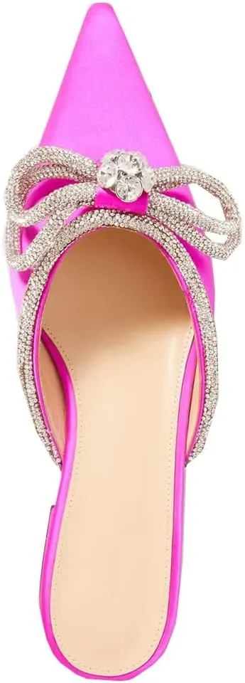 Divanne Women's Flat Mules, Pointed Toe Backless Loafer Shoes Rhinestone Bowknot Slip on Mule Slides