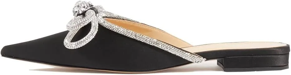 Divanne Women's Flat Mules, Pointed Toe Backless Loafer Shoes Rhinestone Bowknot Slip on Mule Slides