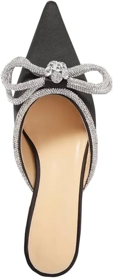 Divanne Women's Flat Mules, Pointed Toe Backless Loafer Shoes Rhinestone Bowknot Slip on Mule Slides