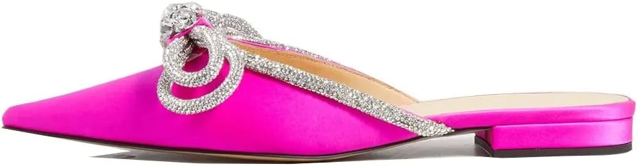 Divanne Women's Flat Mules, Pointed Toe Backless Loafer Shoes Rhinestone Bowknot Slip on Mule Slides