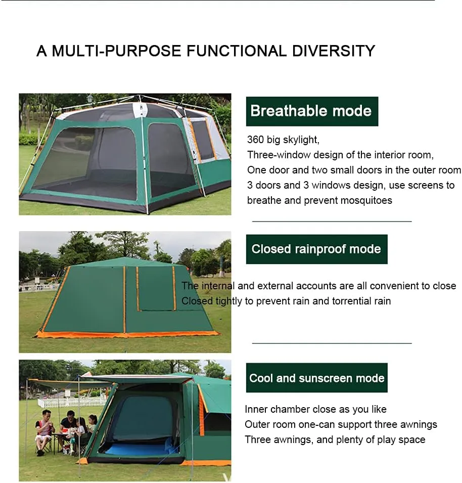 Dome Tent with Porch Automatic Pop Up Tent Sun Shelter Easy Set Up Double Layer Family Camping Tents with Carrying Bag for Outdoor Camping, Fishing, BBQ, 5, Green