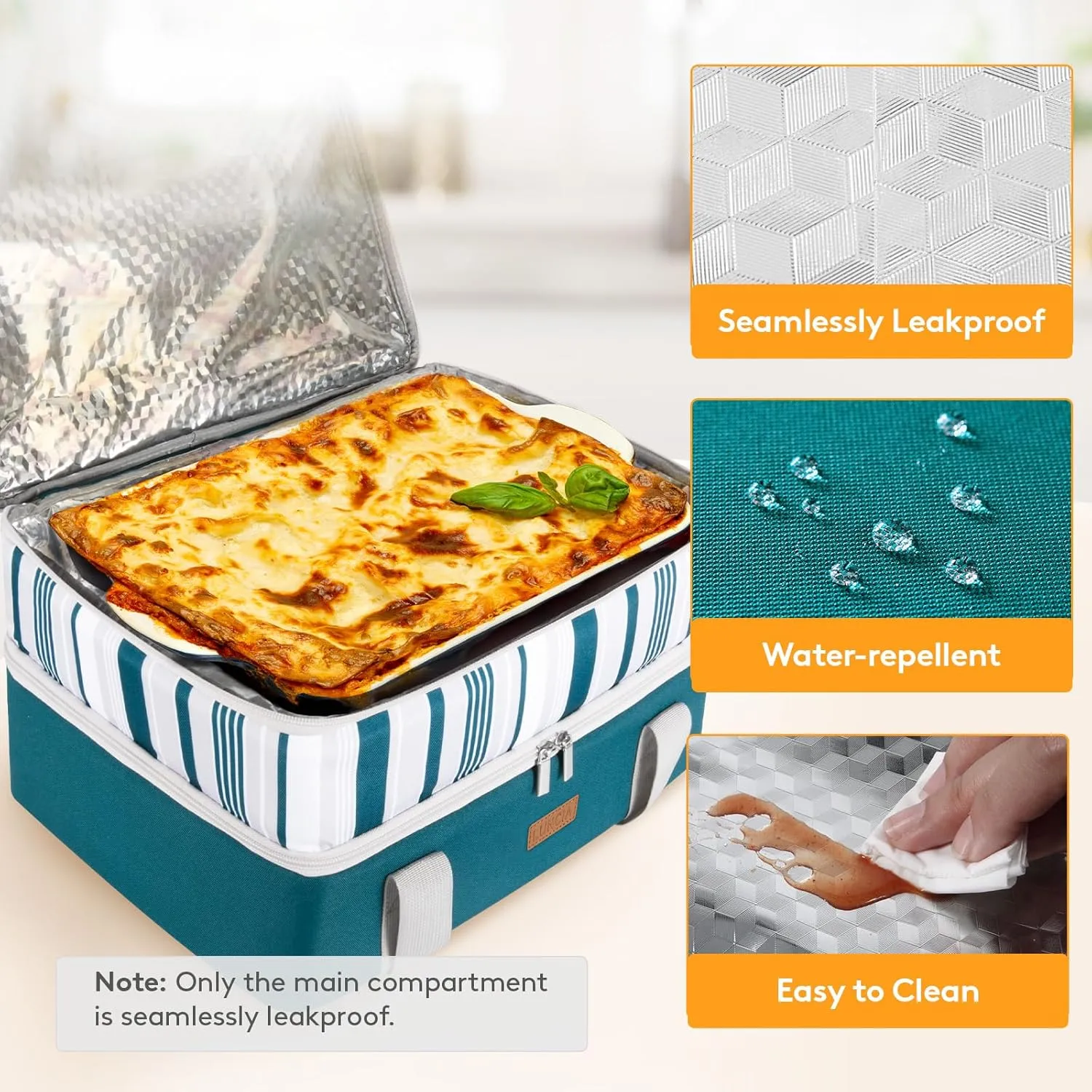 Double Decker Insulated Casserole Carrier for Hot or Cold Food, Lasagna Holder Tote for Potluck Parties/Picnic/Cookouts, Fits 9"x13" Baking Dish, Green