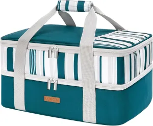 Double Decker Insulated Casserole Carrier for Hot or Cold Food, Lasagna Holder Tote for Potluck Parties/Picnic/Cookouts, Fits 9"x13" Baking Dish, Green