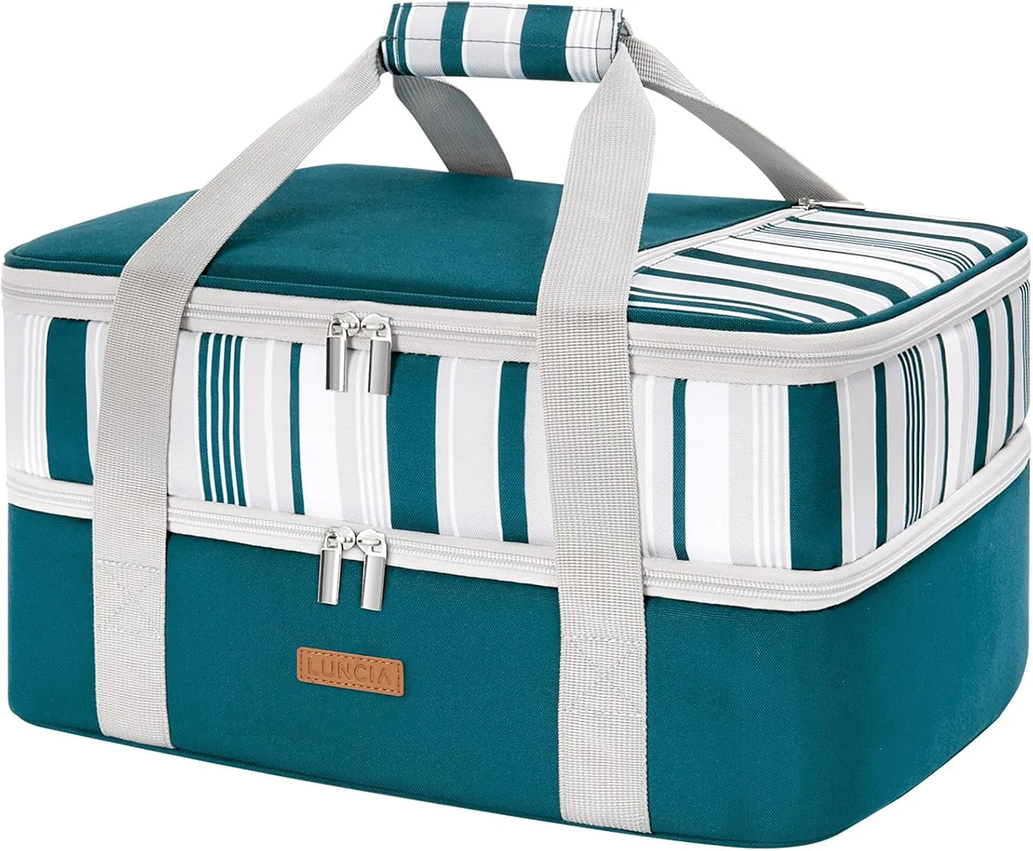Double Decker Insulated Casserole Carrier for Hot or Cold Food, Lasagna Holder Tote for Potluck Parties/Picnic/Cookouts, Fits 9"x13" Baking Dish, Green
