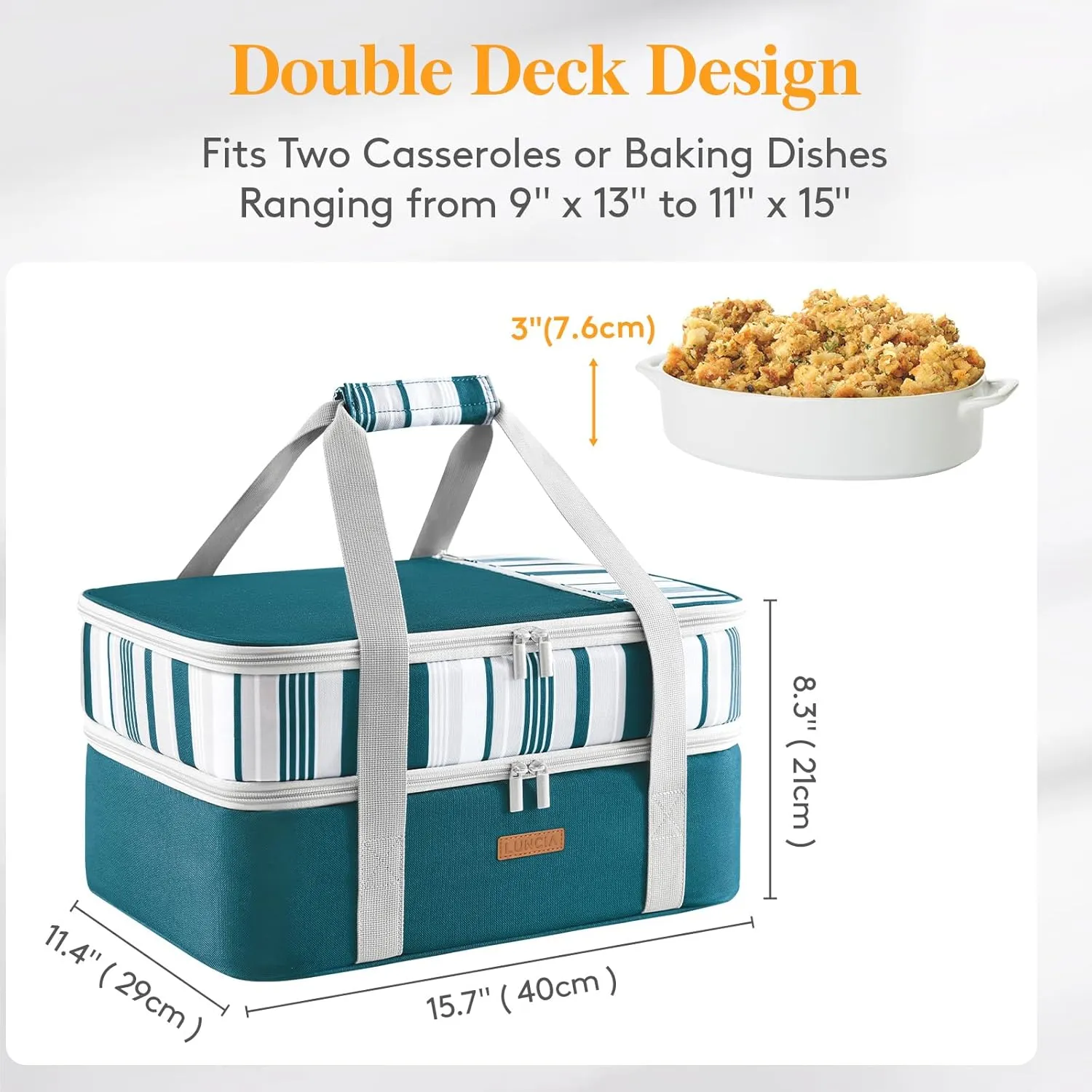 Double Decker Insulated Casserole Carrier for Hot or Cold Food, Lasagna Holder Tote for Potluck Parties/Picnic/Cookouts, Fits 9"x13" Baking Dish, Green