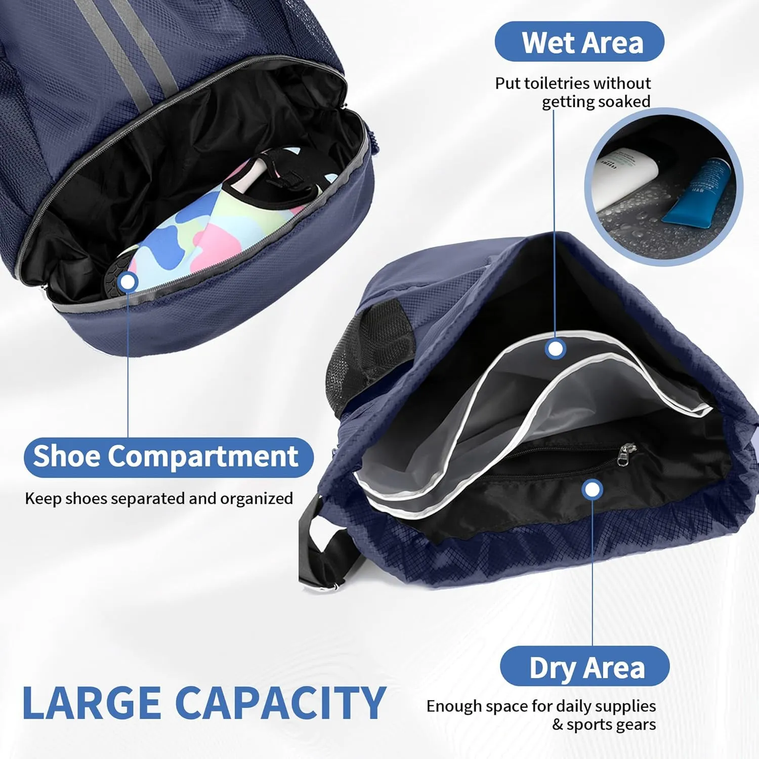 Drawstring Backpack Gym Bag with Shoes Compartment for Soccer, Basketball, Swim, Water-Resistant String Backpack Beach Cinch for Women Men, Navy Blue