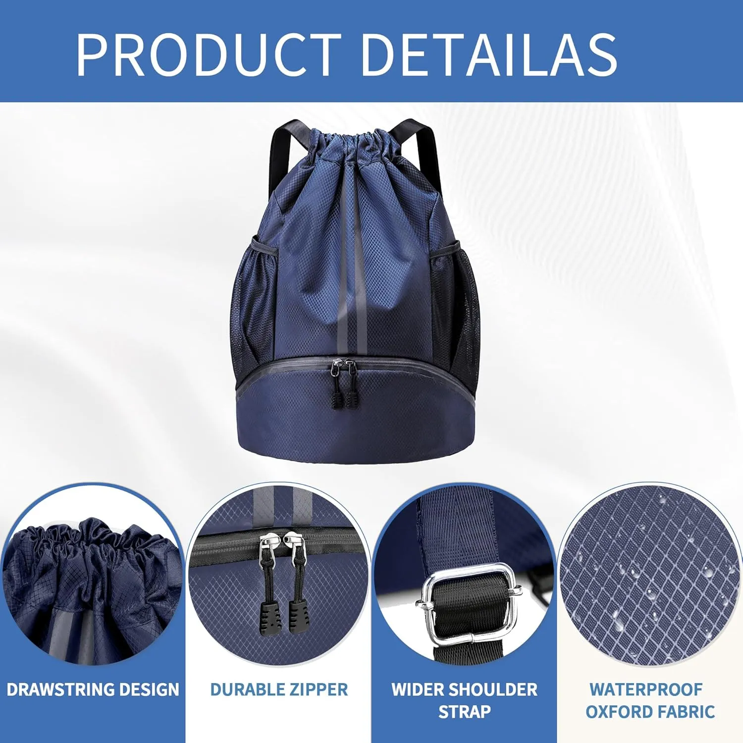 Drawstring Backpack Gym Bag with Shoes Compartment for Soccer, Basketball, Swim, Water-Resistant String Backpack Beach Cinch for Women Men, Navy Blue
