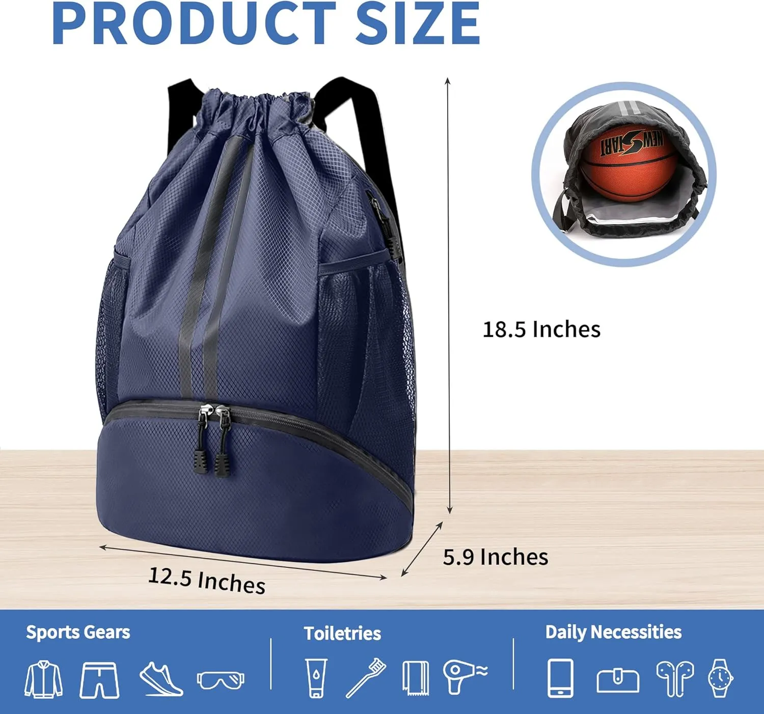 Drawstring Backpack Gym Bag with Shoes Compartment for Soccer, Basketball, Swim, Water-Resistant String Backpack Beach Cinch for Women Men, Navy Blue