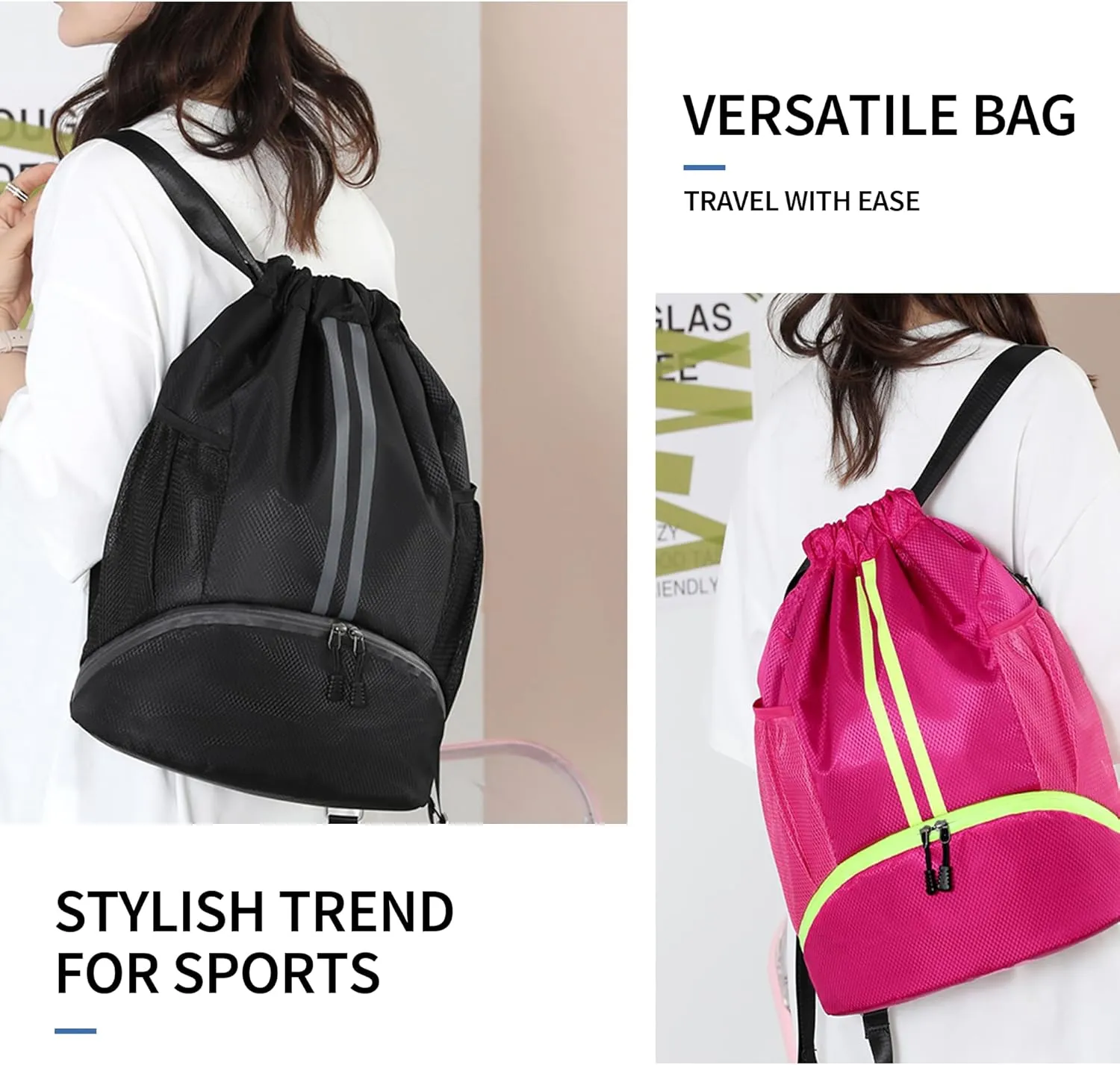 Drawstring Backpack Gym Bag with Shoes Compartment for Soccer, Basketball, Swim, Water-Resistant String Backpack Beach Cinch for Women Men