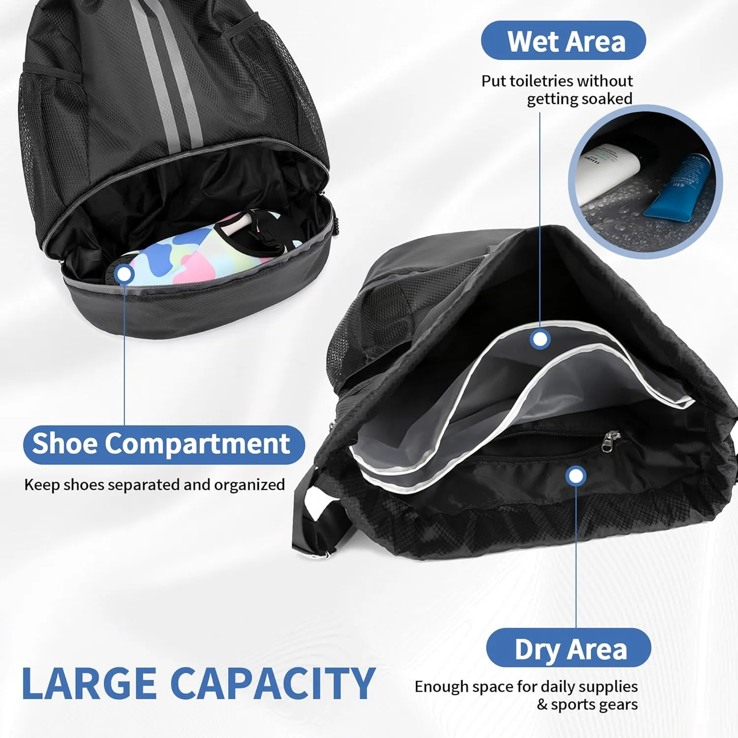 Drawstring Backpack Gym Bag with Shoes Compartment for Soccer, Basketball, Swim, Water-Resistant String Backpack Beach Cinch for Women Men