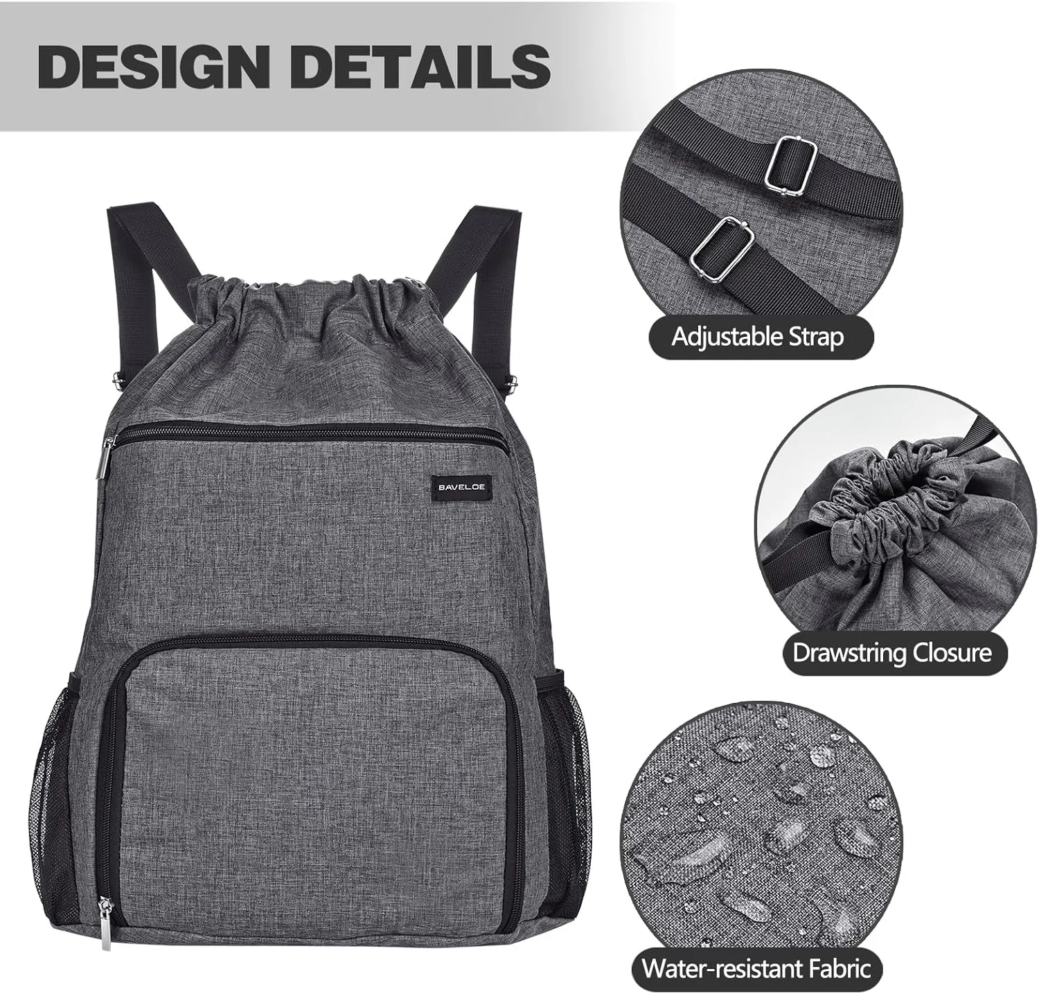 Drawstring Backpack with Wet Pocket & Shoe Compartment, Water-Resistant Sports Gym Beach Swim String Bag for Women Men(Grey)