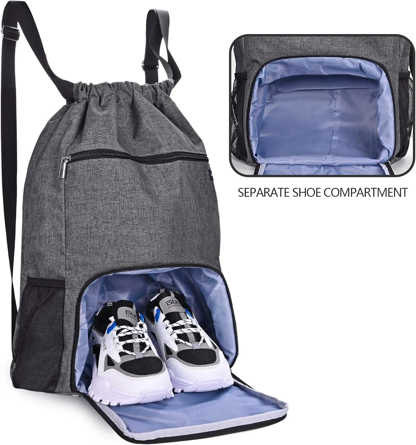 Drawstring Backpack with Wet Pocket & Shoe Compartment, Water-Resistant Sports Gym Beach Swim String Bag for Women Men(Grey)