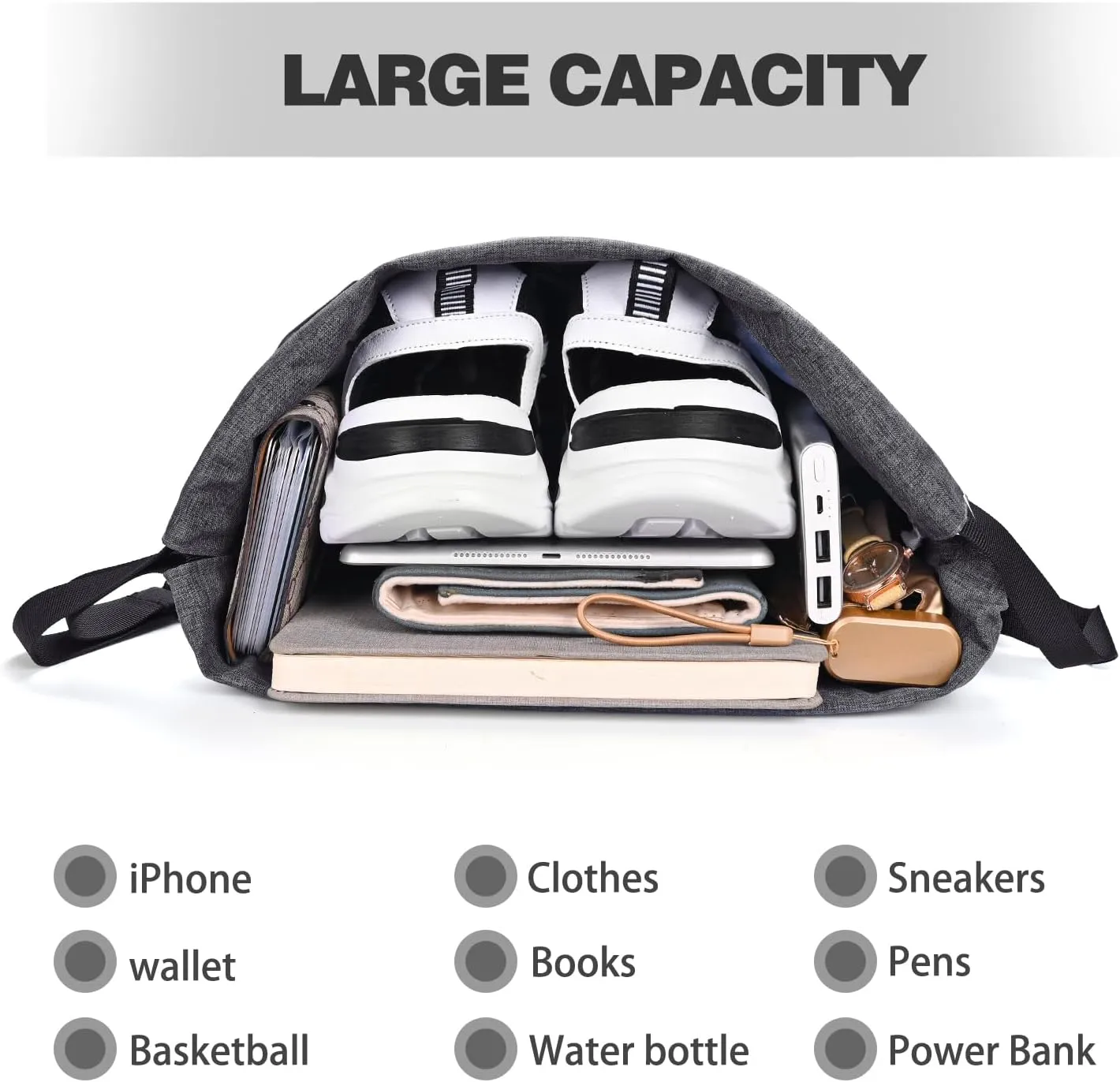 Drawstring Backpack with Wet Pocket & Shoe Compartment, Water-Resistant Sports Gym Beach Swim String Bag for Women Men(Grey)
