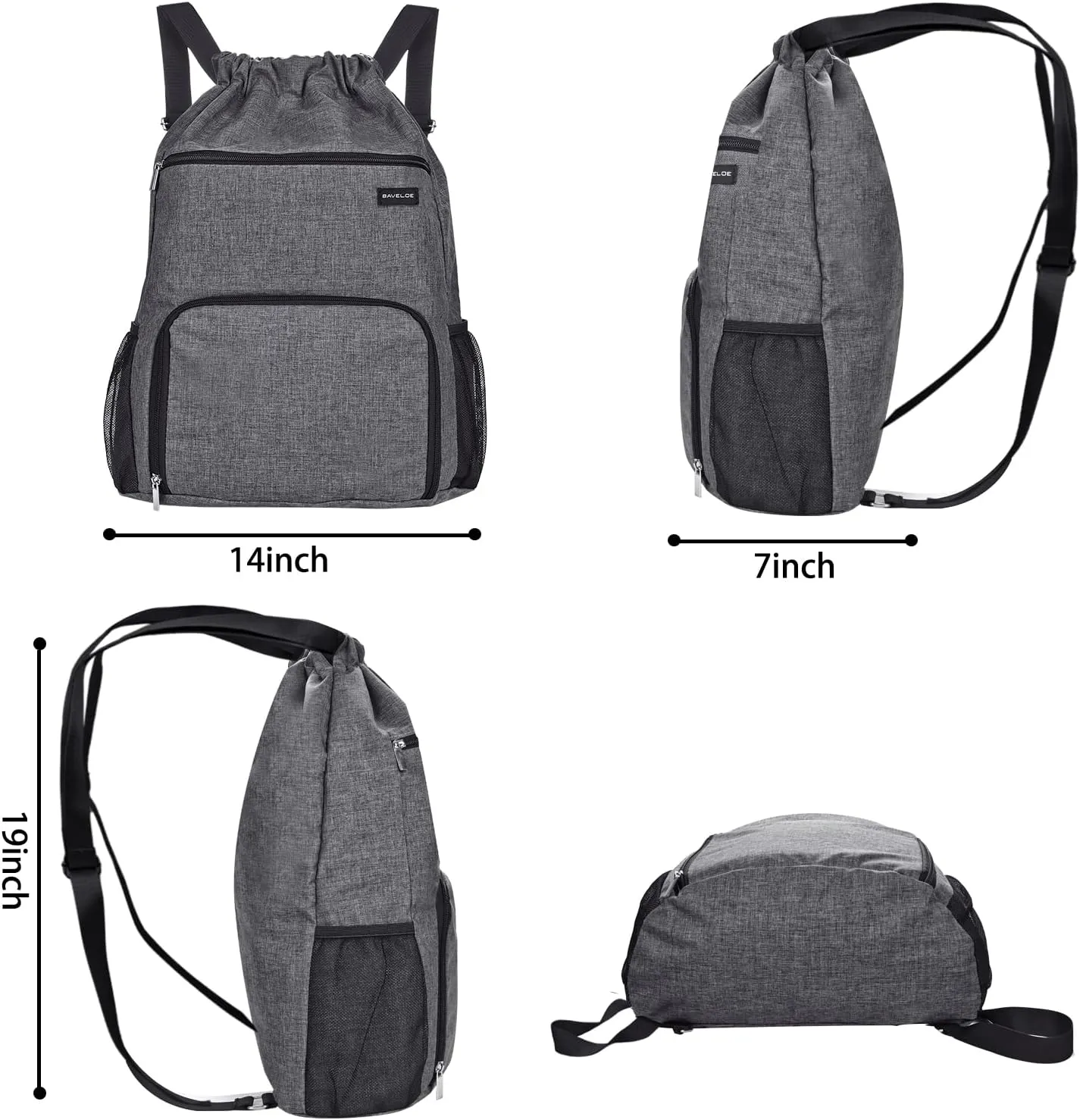 Drawstring Backpack with Wet Pocket & Shoe Compartment, Water-Resistant Sports Gym Beach Swim String Bag for Women Men(Grey)