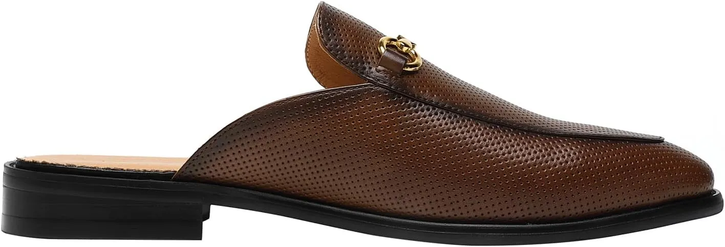 ELANROMAN Men's Loafers Backless Genuine Leather Mules Horse Buckle Shoes