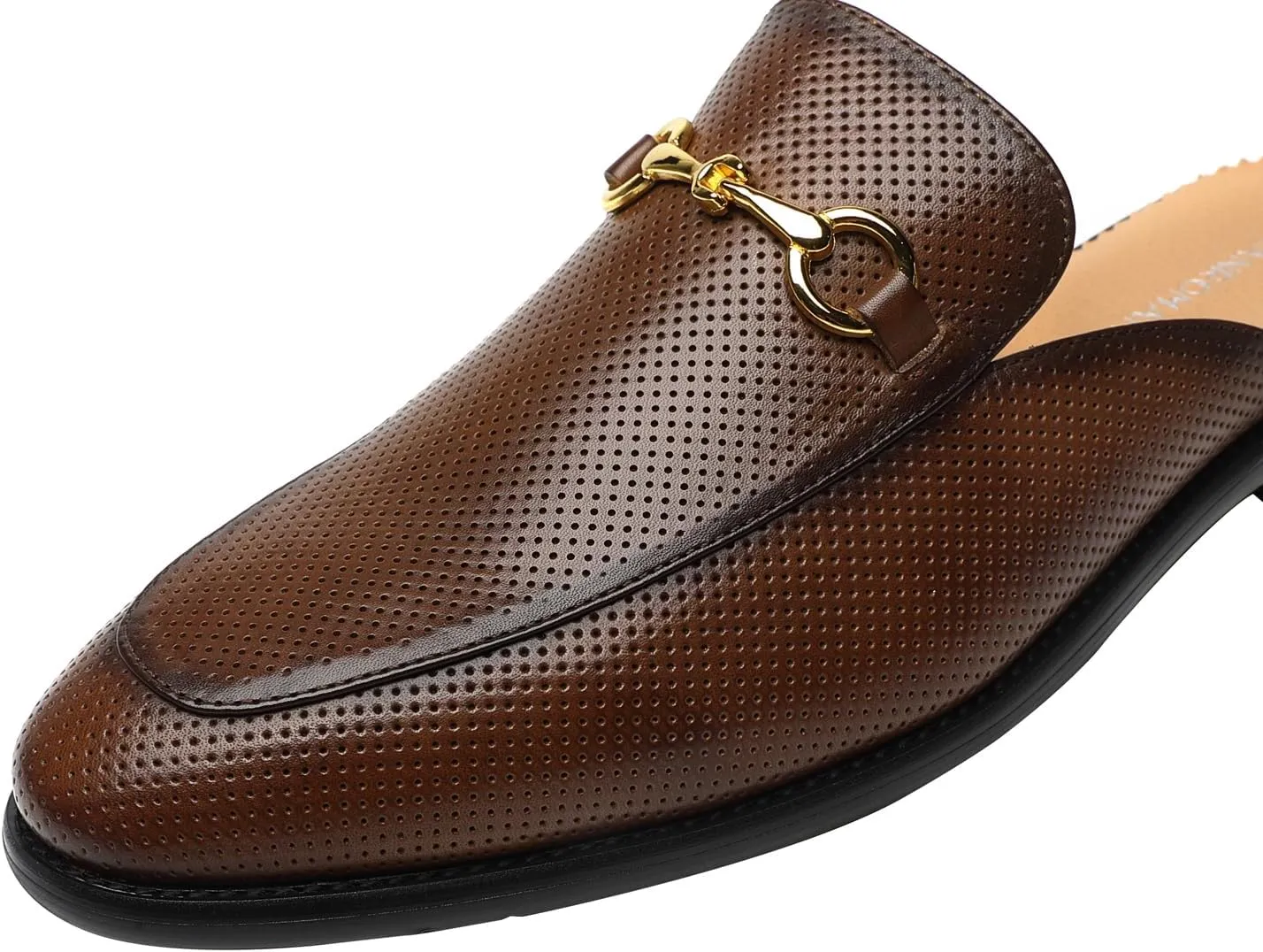 ELANROMAN Men's Loafers Backless Genuine Leather Mules Horse Buckle Shoes