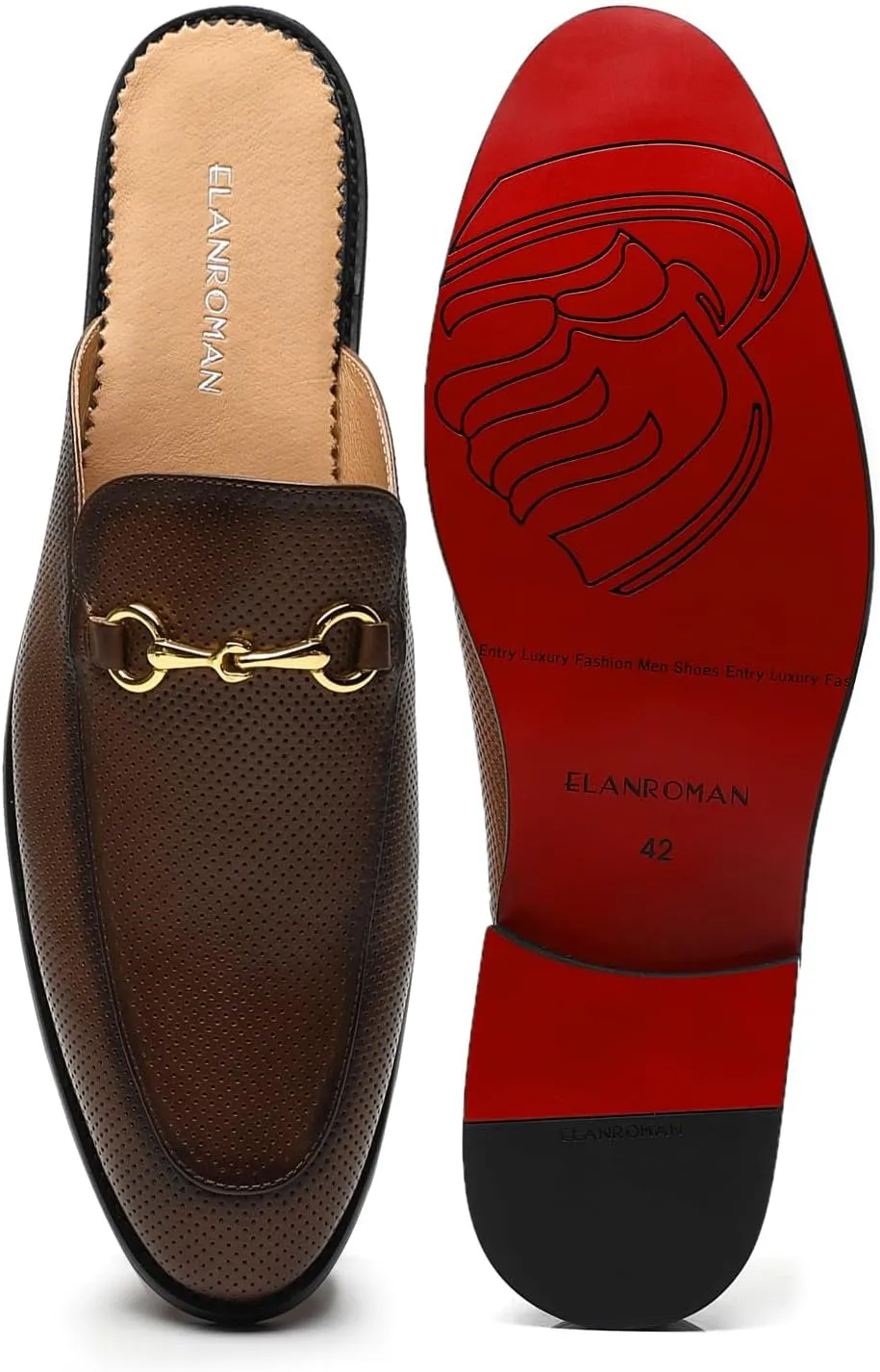 ELANROMAN Men's Loafers Backless Genuine Leather Mules Horse Buckle Shoes