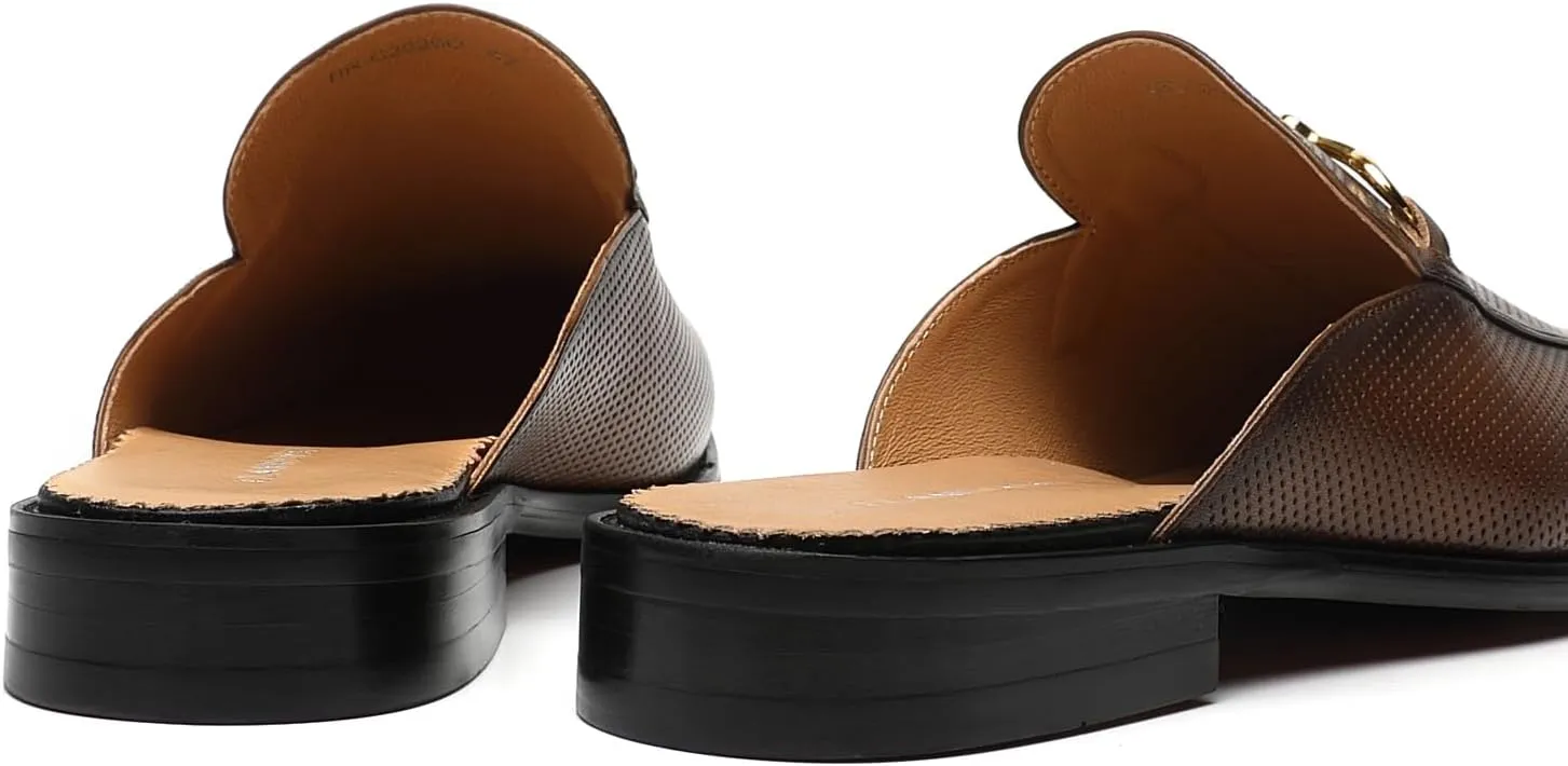 ELANROMAN Men's Loafers Backless Genuine Leather Mules Horse Buckle Shoes