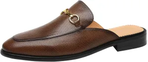 ELANROMAN Men's Loafers Backless Genuine Leather Mules Horse Buckle Shoes