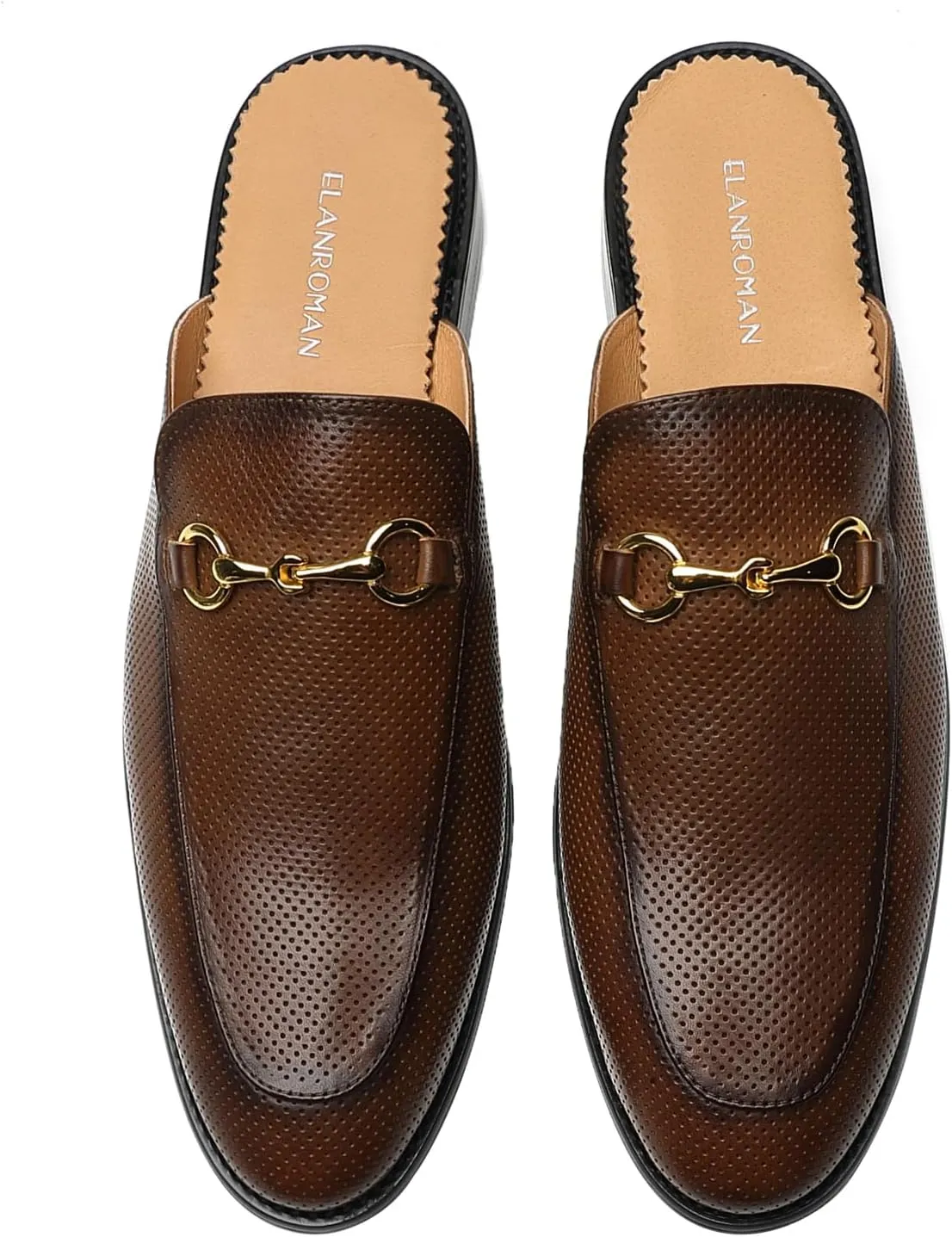ELANROMAN Men's Loafers Backless Genuine Leather Mules Horse Buckle Shoes