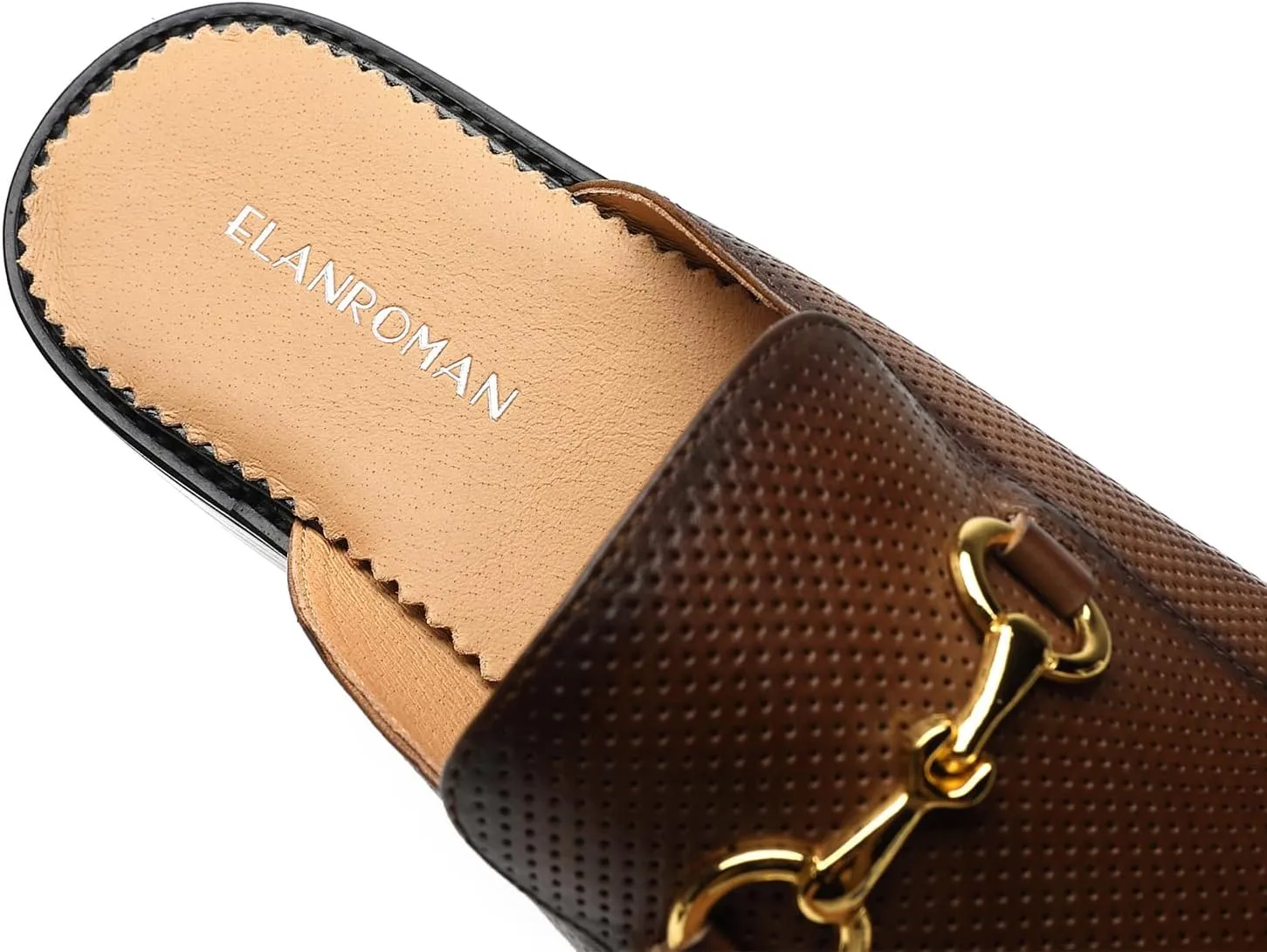 ELANROMAN Men's Loafers Backless Genuine Leather Mules Horse Buckle Shoes