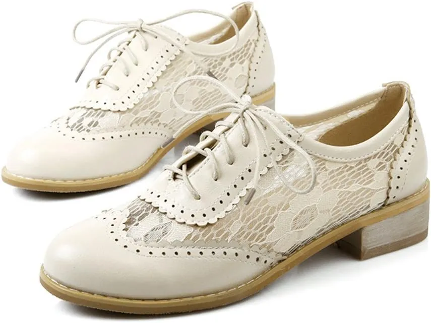 ELFY Women's Perforated Lace-up Wingtip Close Front Brogue Shoes Vintage Lace Oxford Shoes