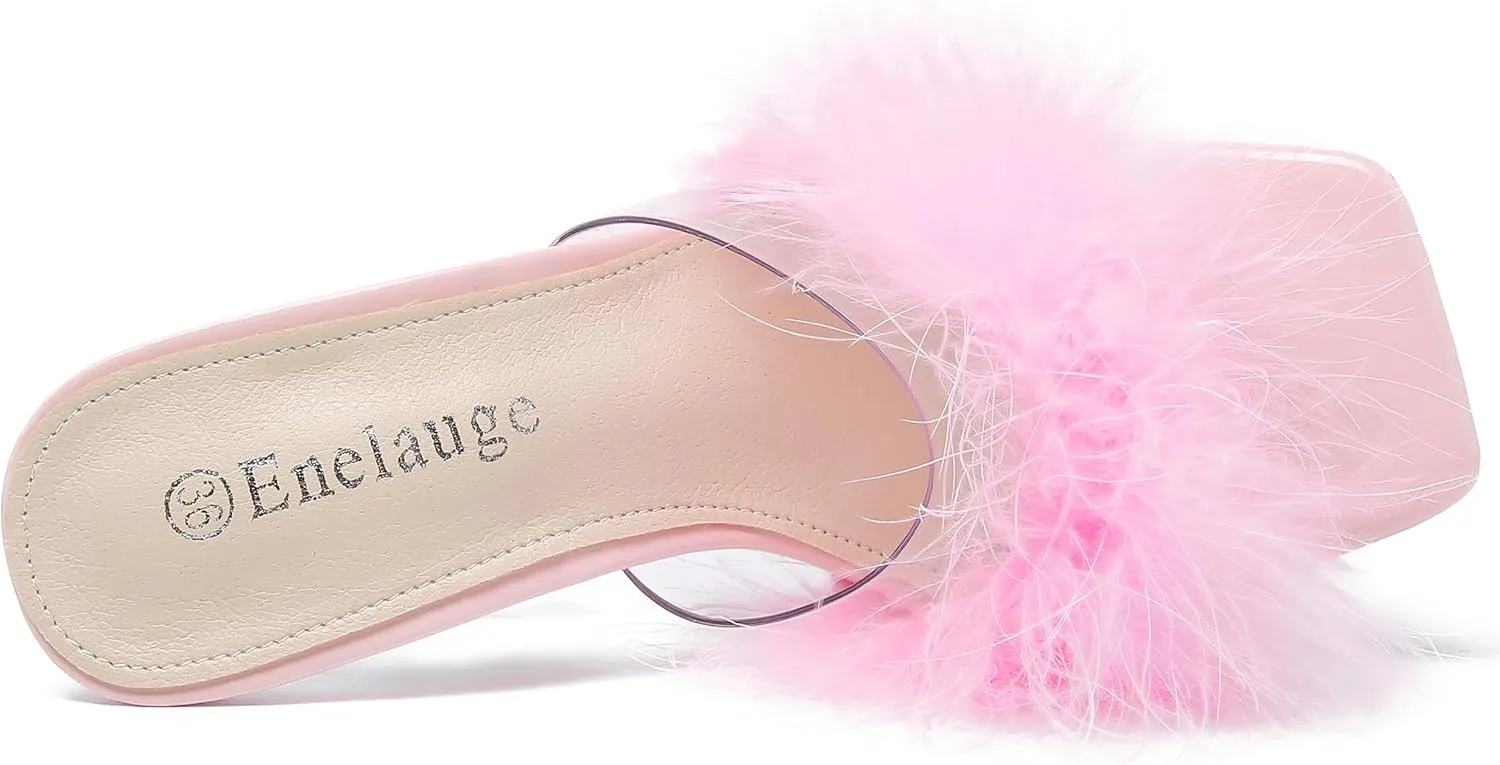 Enelauge Women's Square Toe Sandal Fluffy Feather Clear High Heels Sandals Mules Backless Slip On Slipper Dress Shoes