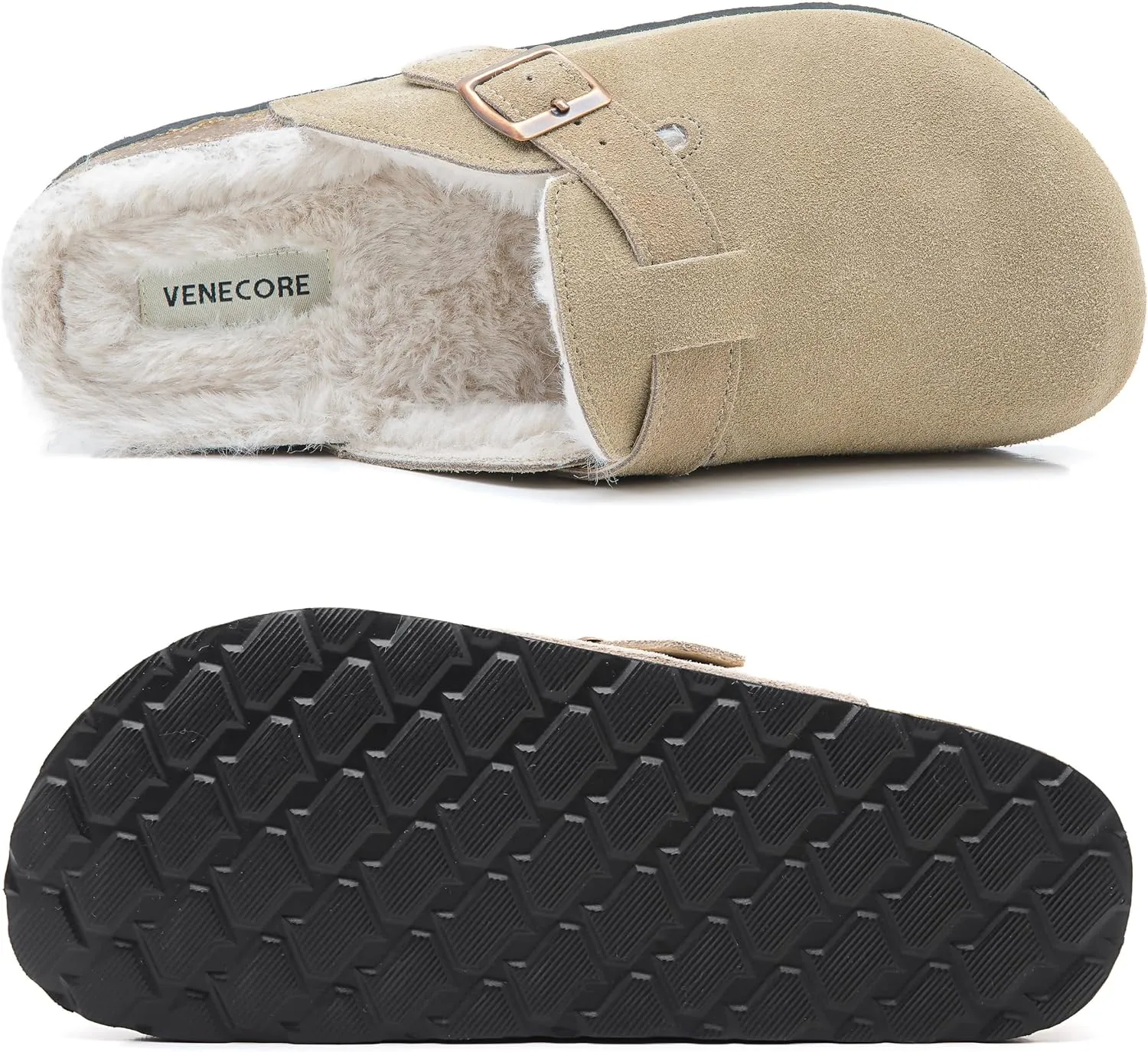 Erica Women's Cork Footbed Clogs Genuine Soft Suede Fuzzy Faux Fur Lined Comfort Cushioned Mule Slide Shoes