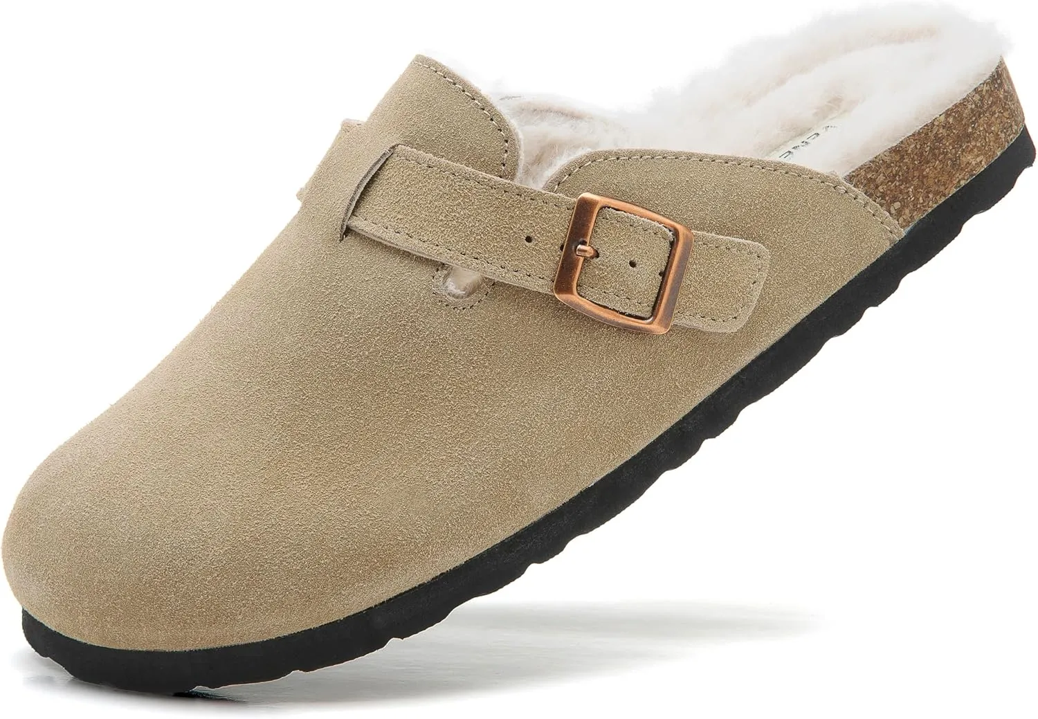 Erica Women's Cork Footbed Clogs Genuine Soft Suede Fuzzy Faux Fur Lined Comfort Cushioned Mule Slide Shoes