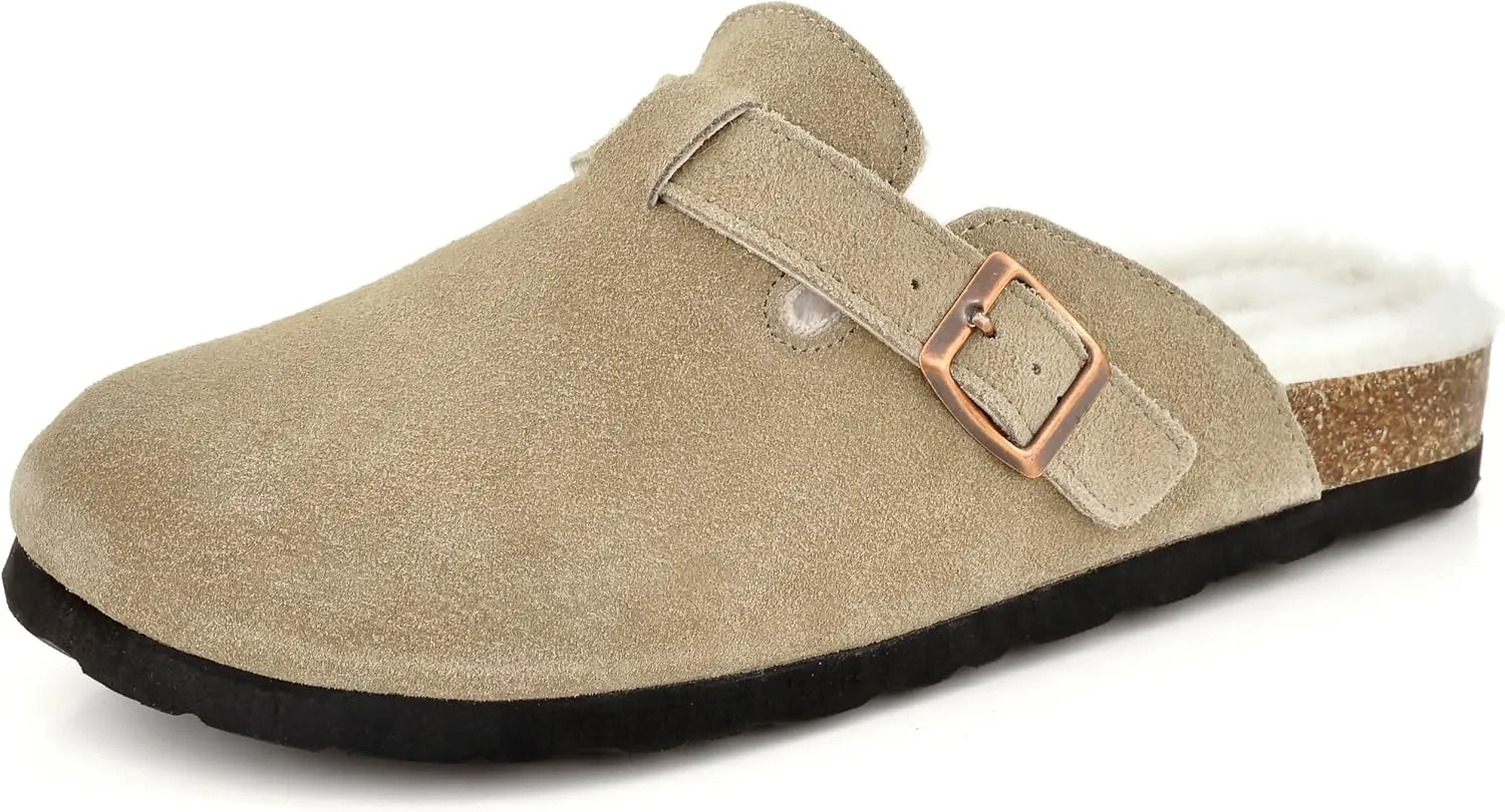 Erica Women's Cork Footbed Clogs Genuine Soft Suede Fuzzy Faux Fur Lined Comfort Cushioned Mule Slide Shoes