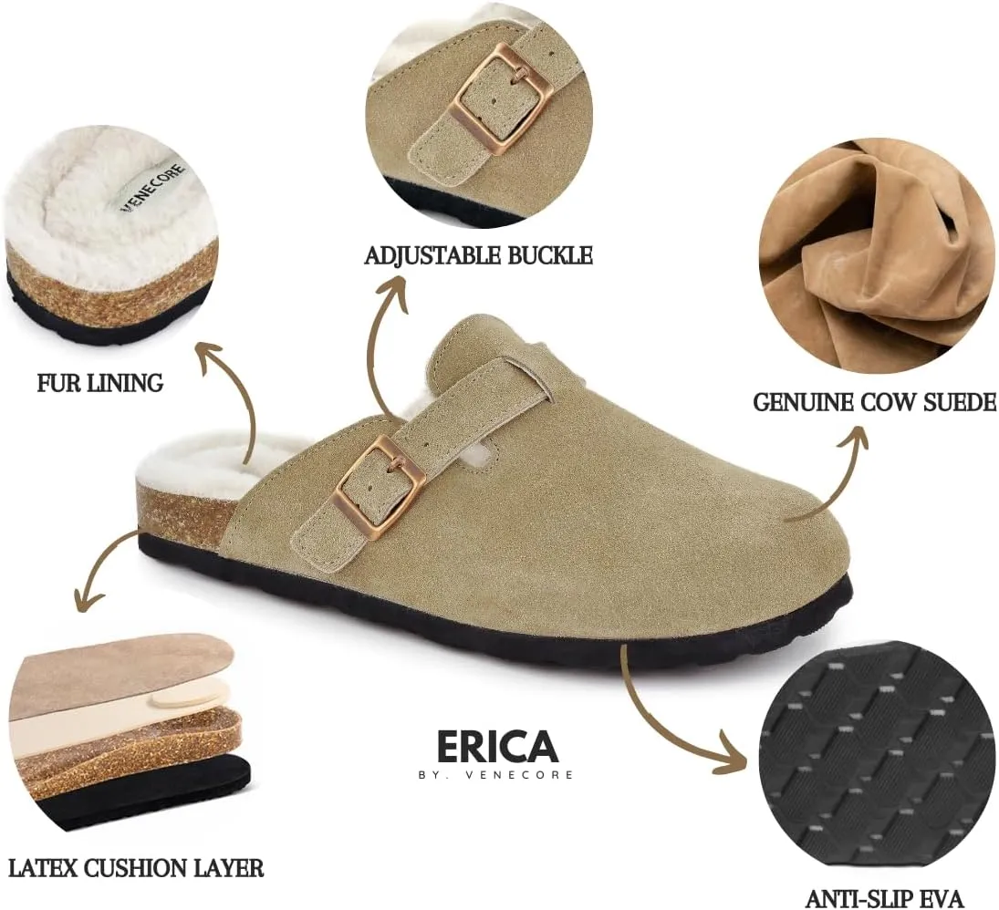 Erica Women's Cork Footbed Clogs Genuine Soft Suede Fuzzy Faux Fur Lined Comfort Cushioned Mule Slide Shoes
