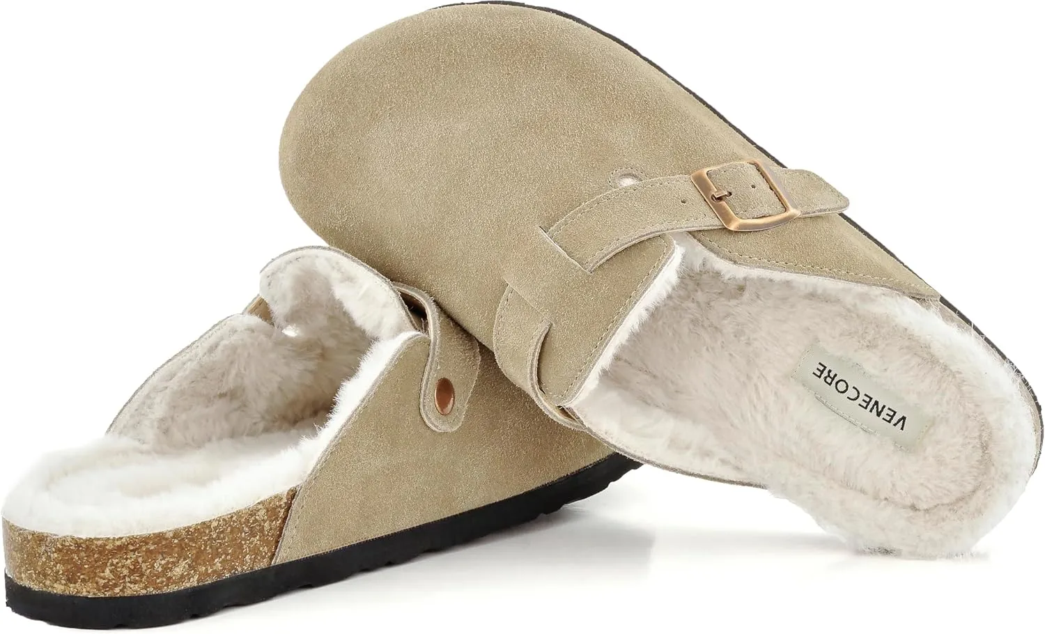 Erica Women's Cork Footbed Clogs Genuine Soft Suede Fuzzy Faux Fur Lined Comfort Cushioned Mule Slide Shoes