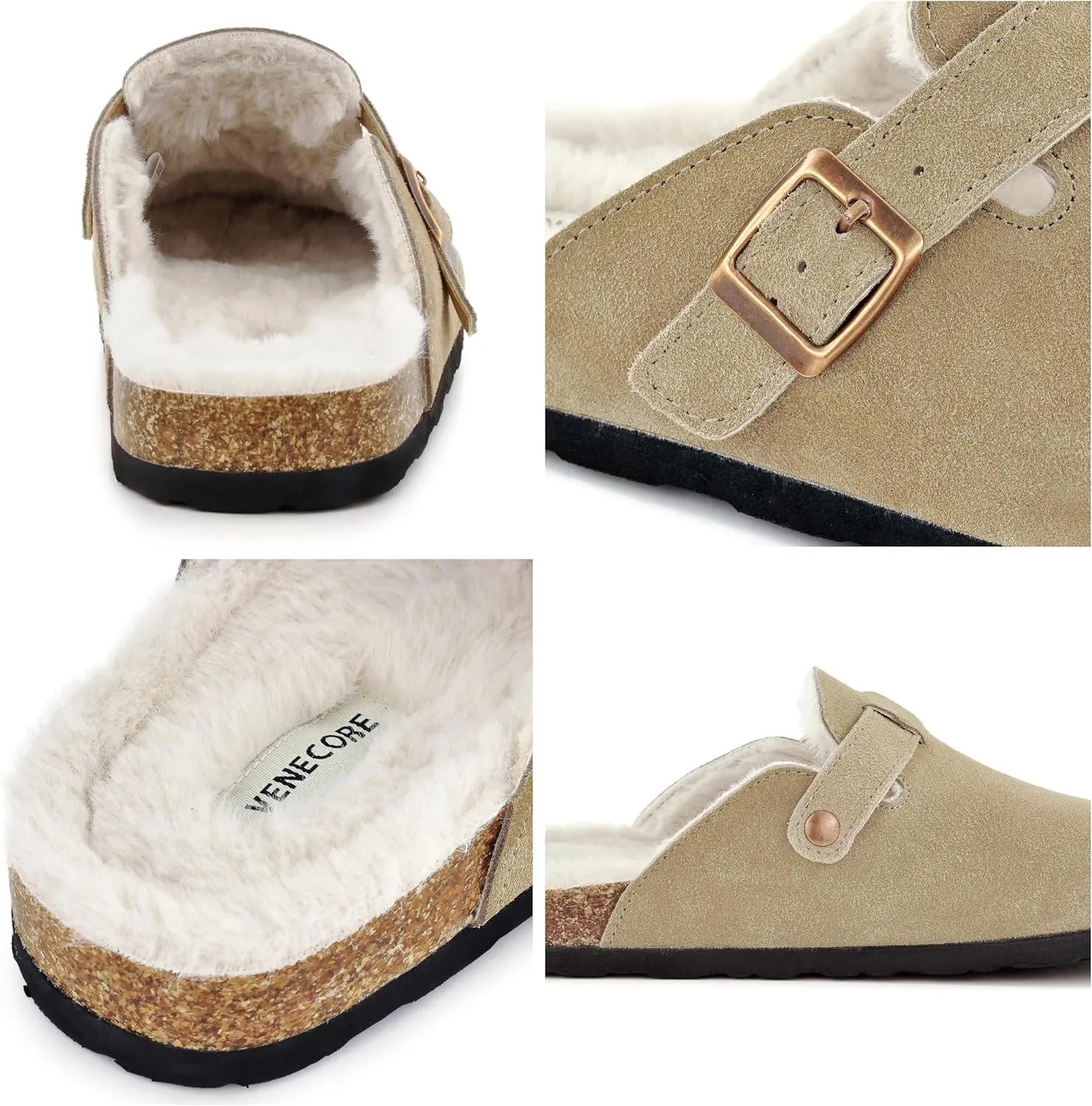 Erica Women's Cork Footbed Clogs Genuine Soft Suede Fuzzy Faux Fur Lined Comfort Cushioned Mule Slide Shoes