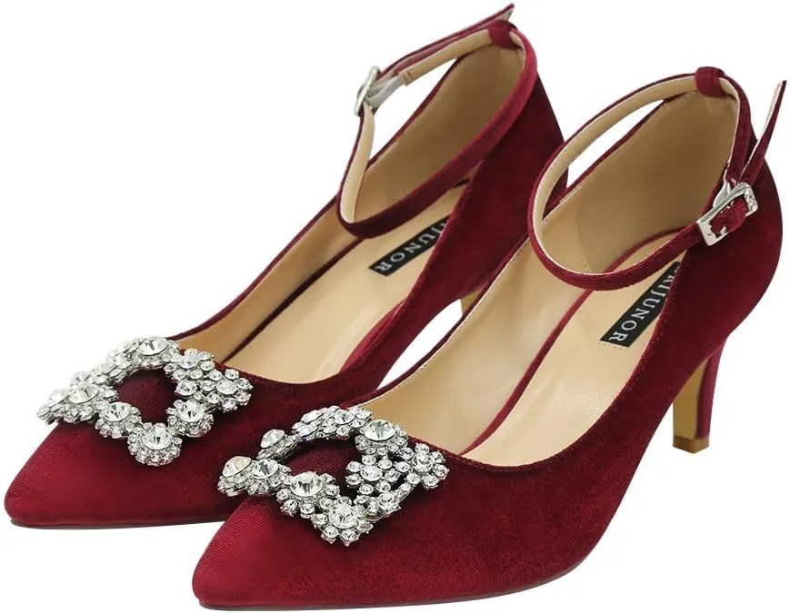 ERIJUNOR Low Heel Pumps for Women Comfort Kitten Heels Rhinestone Brooch Evening Dress Shoes
