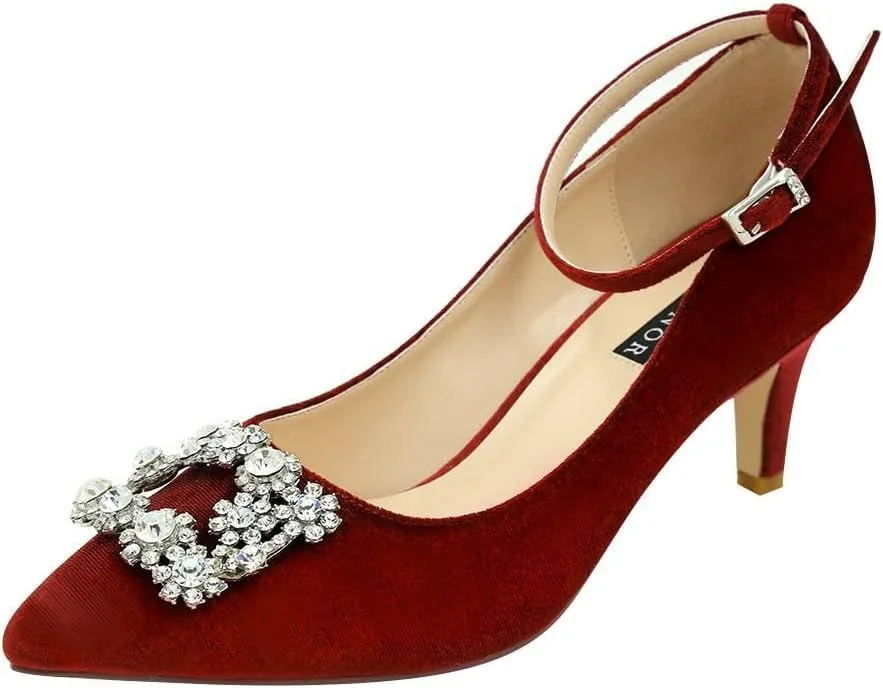 ERIJUNOR Low Heel Pumps for Women Comfort Kitten Heels Rhinestone Brooch Evening Dress Shoes