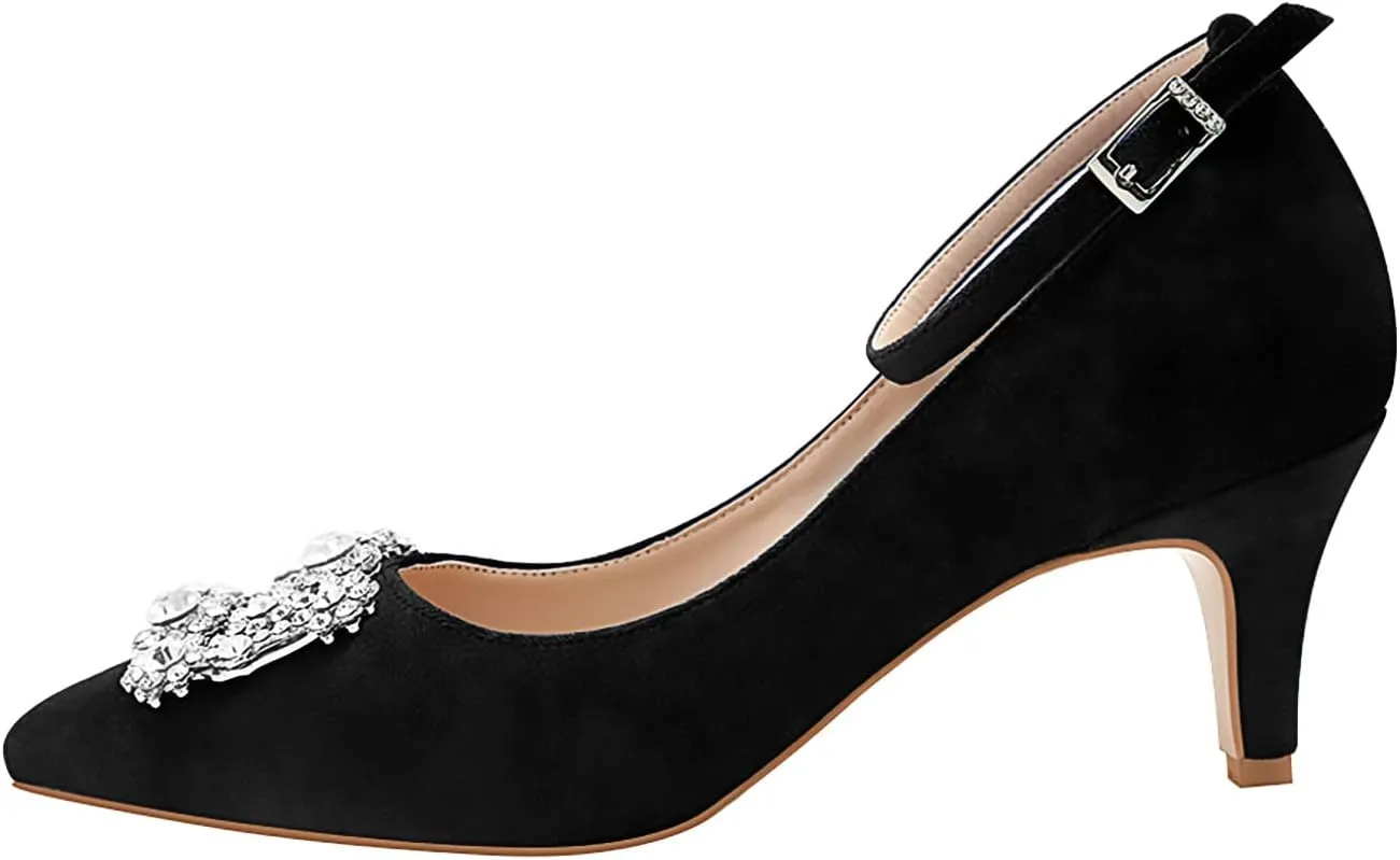 ERIJUNOR Low Heel Pumps for Women Comfort Kitten Heels Rhinestone Brooch Evening Dress Shoes