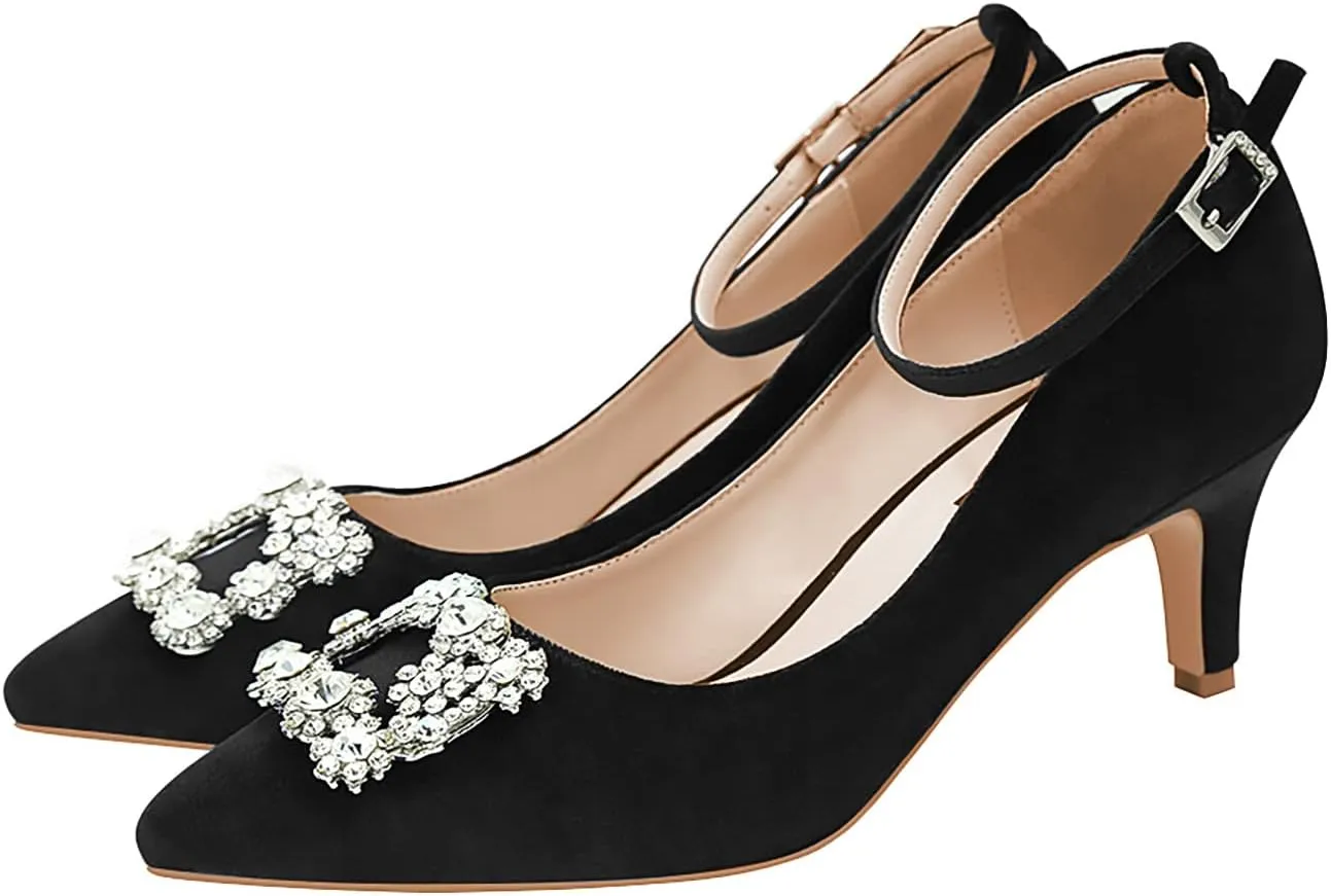 ERIJUNOR Low Heel Pumps for Women Comfort Kitten Heels Rhinestone Brooch Evening Dress Shoes