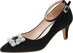 ERIJUNOR Low Heel Pumps for Women Comfort Kitten Heels Rhinestone Brooch Evening Dress Shoes