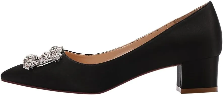 ERIJUNOR Women Comfort Chunky Heel Pointed Toe Rhinestone Wedding Evening Satin Shoes for Bride