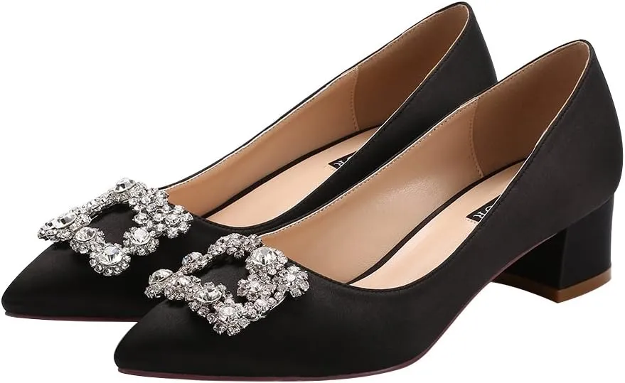 ERIJUNOR Women Comfort Chunky Heel Pointed Toe Rhinestone Wedding Evening Satin Shoes for Bride