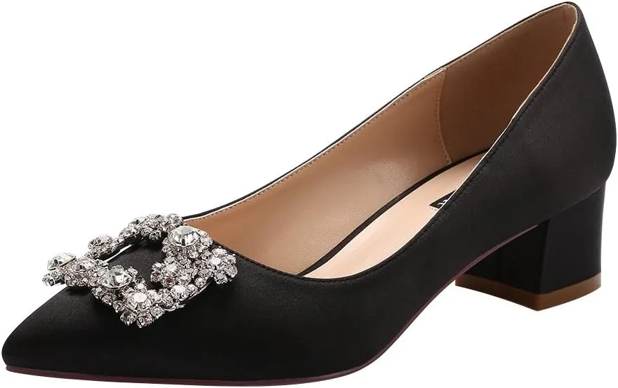 ERIJUNOR Women Comfort Chunky Heel Pointed Toe Rhinestone Wedding Evening Satin Shoes for Bride