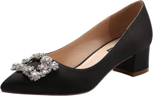 ERIJUNOR Women Comfort Chunky Heel Pointed Toe Rhinestone Wedding Evening Satin Shoes for Bride