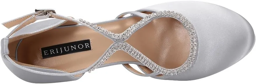 ERIJUNOR Women Comfort Low Heel Closed-Toe Ankle Strap Platform Satin Bridal Wedding Shoes