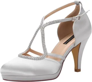 ERIJUNOR Women Comfort Low Heel Closed-Toe Ankle Strap Platform Satin Bridal Wedding Shoes